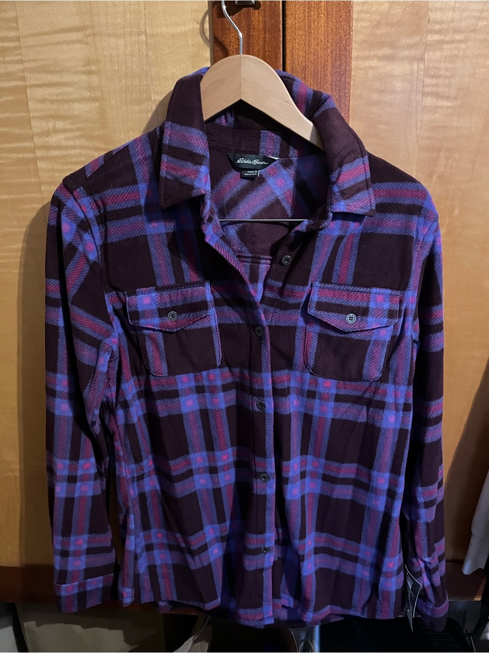 Eddie Bauer Plum and Blue Plaid Flannel Shirt